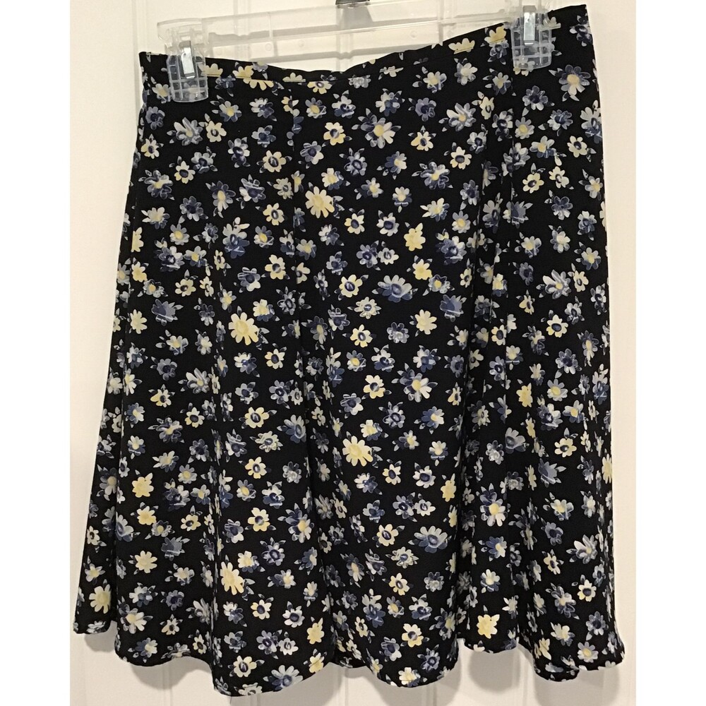 EUC Hillard & Hanson Navy & Yellow floral Knee-Length skirt w/elastic waist 12